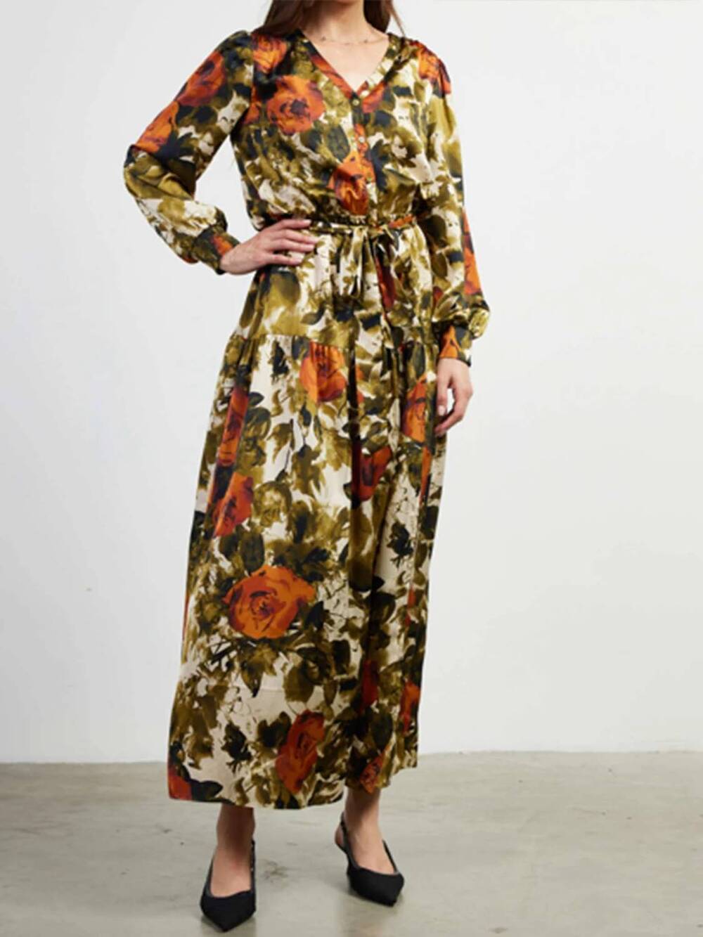 NEW SKIES ARE BLUE floral warm tone midi dress in multicolor